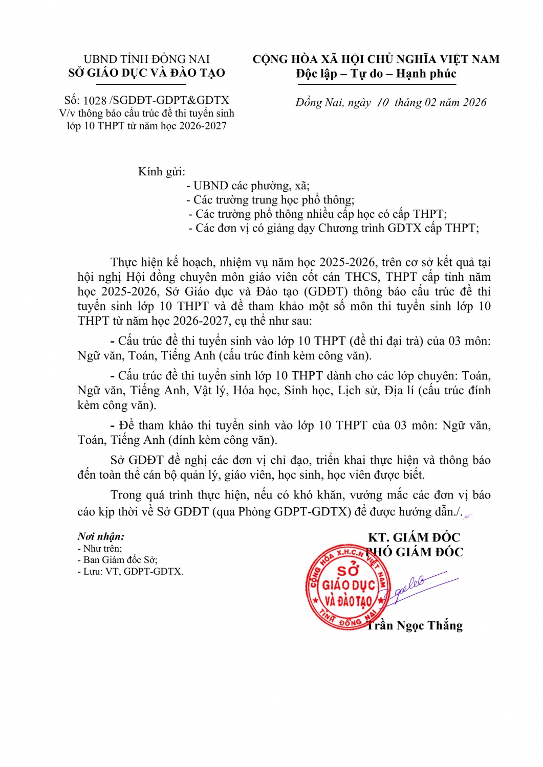 THÔNG BÁO CẤU TRÚC ĐỀ THI TUYỂN SINH LỚP 10 TỪ NĂM HỌC 2026 – 2027